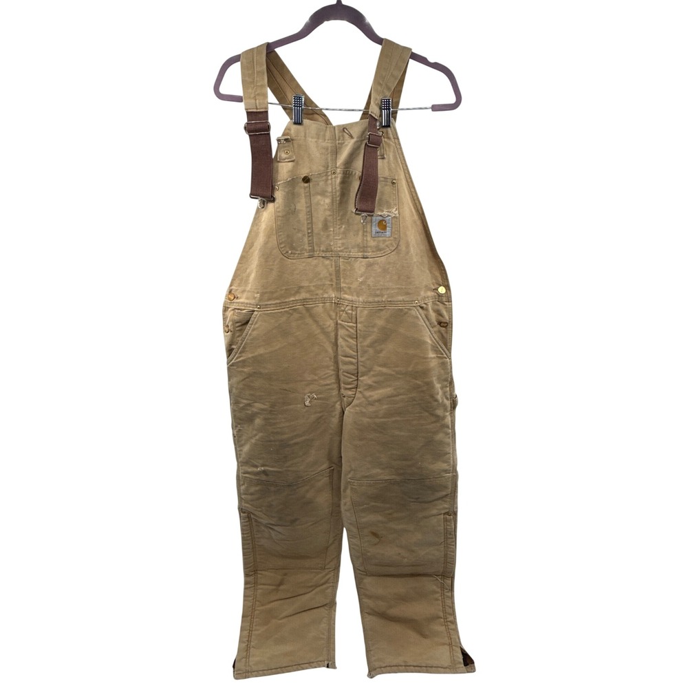 Carhartt Mens Duck Canvas Quilt Lined Bib Overalls Tan Double Knee Bibs 44x32